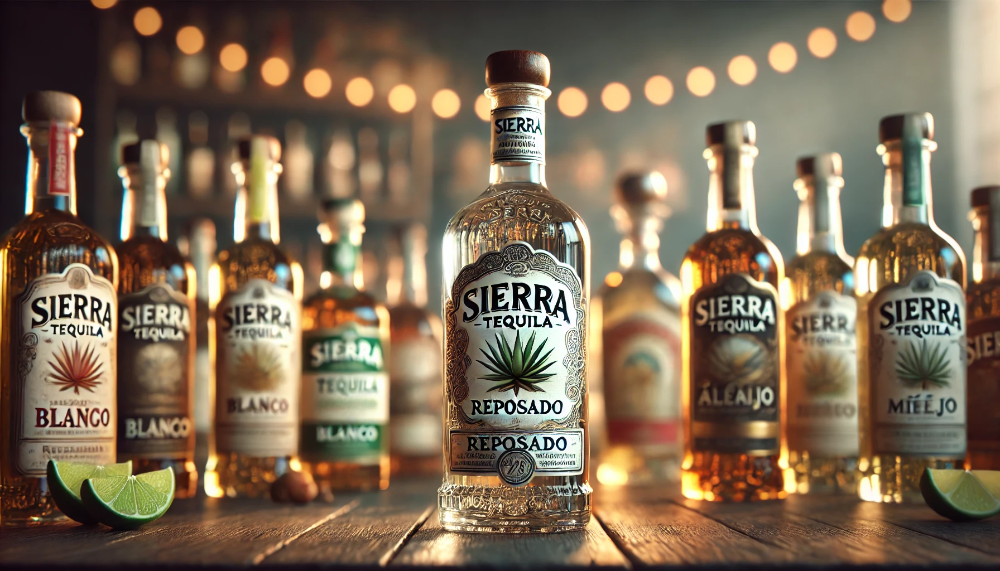 Пляшка Sierra Tequila Reposado в центрі з іншими видами текили Sierra на задньому фоні.